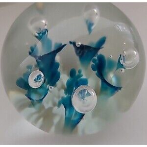 Elwood Indiana Art Glass Paperweight Blue Trumpet Flowers White Coral 3"